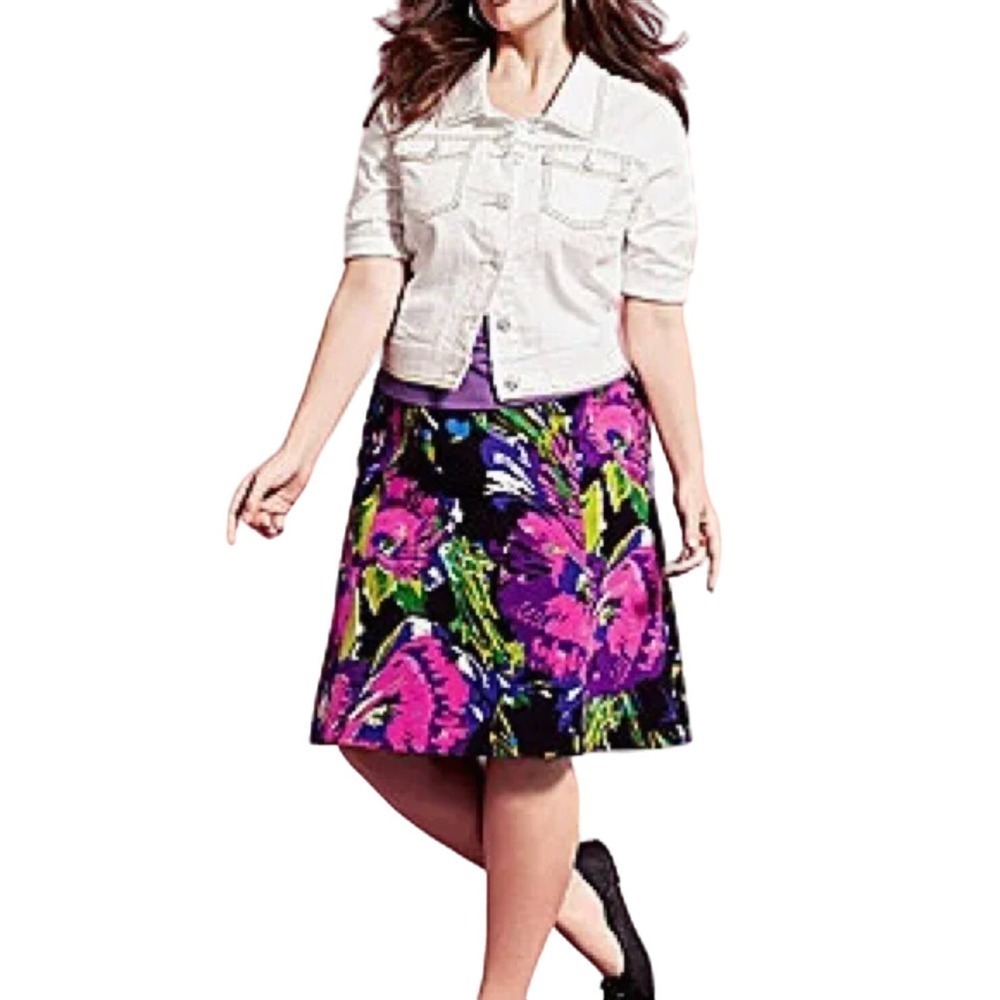 NWT‎ Lane Bryant Black Pink Purple Green Floral A-Line Skirt Size 14